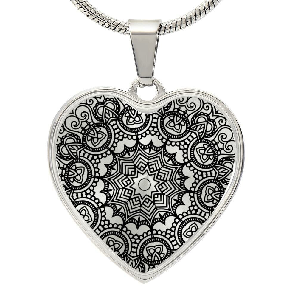 Graphic Heart Pendant + Necklace - Floral Mandala
