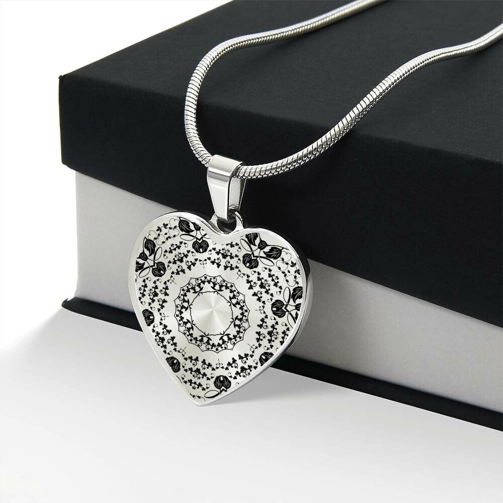 Graphic Heart Pendant + Necklace - Mandala Flower Rosette