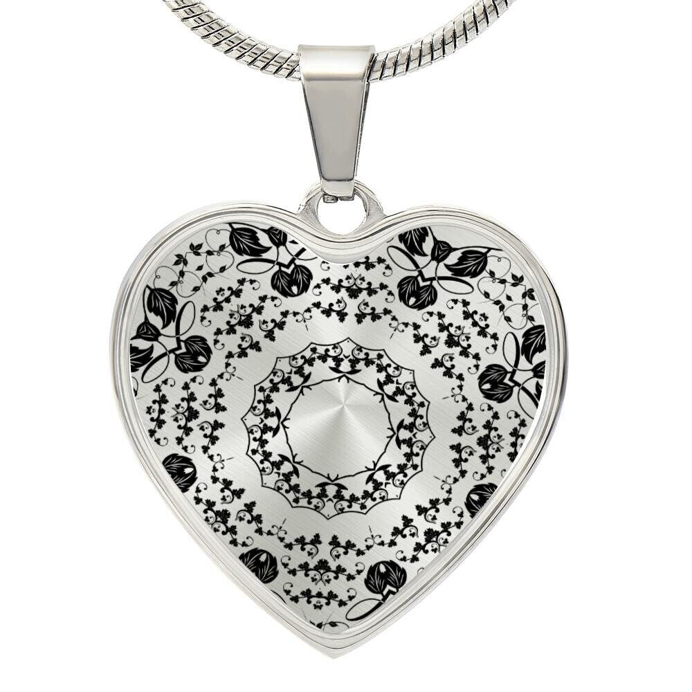 Graphic Heart Pendant + Necklace - Mandala Flower Rosette