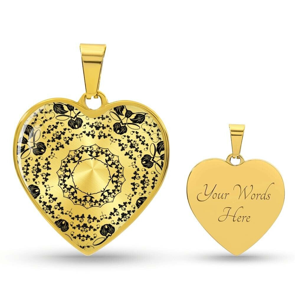 Graphic Heart Pendant + Necklace - Mandala Flower Rosette