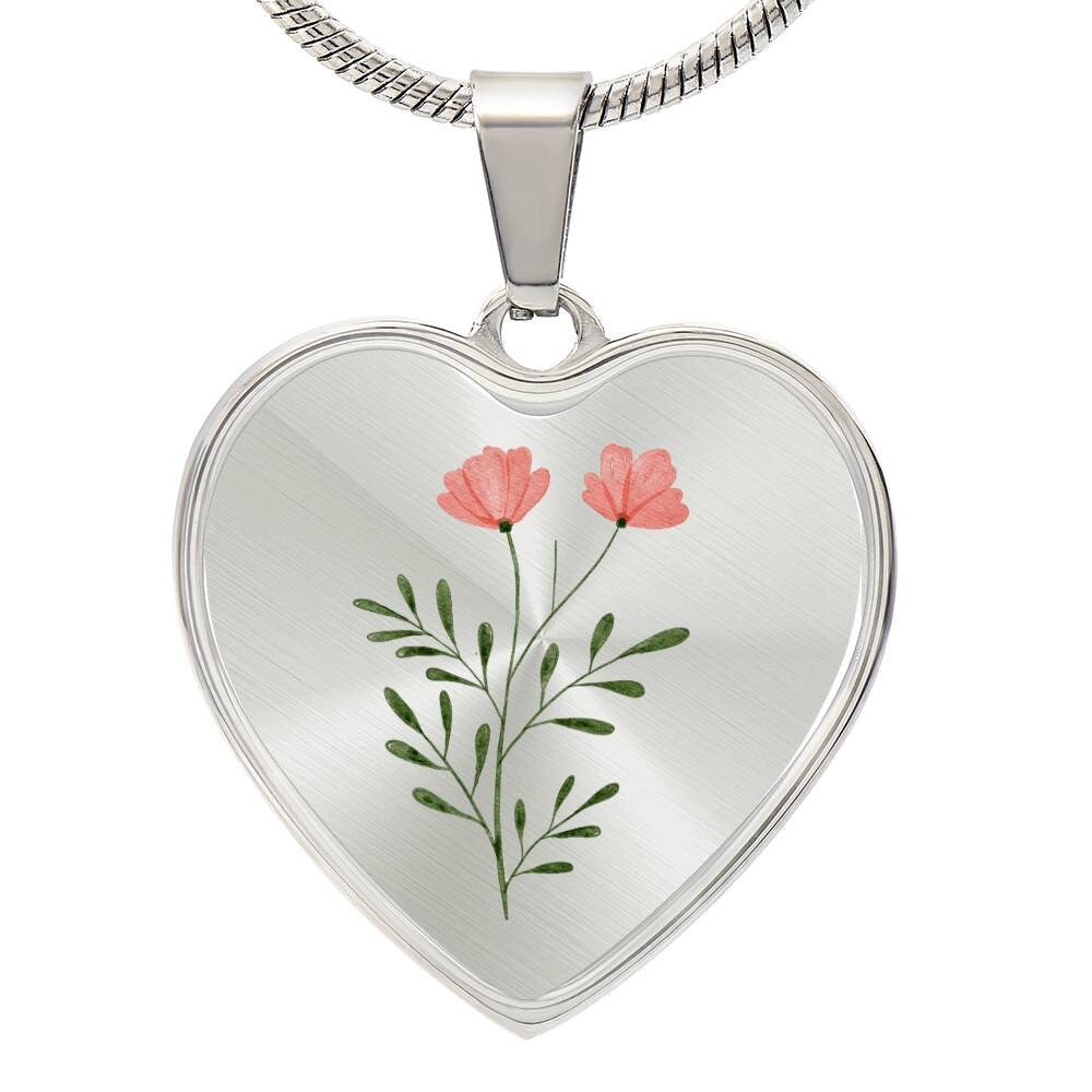 Graphic Heart Pendant + Necklace - Watercolor Flowering Plant