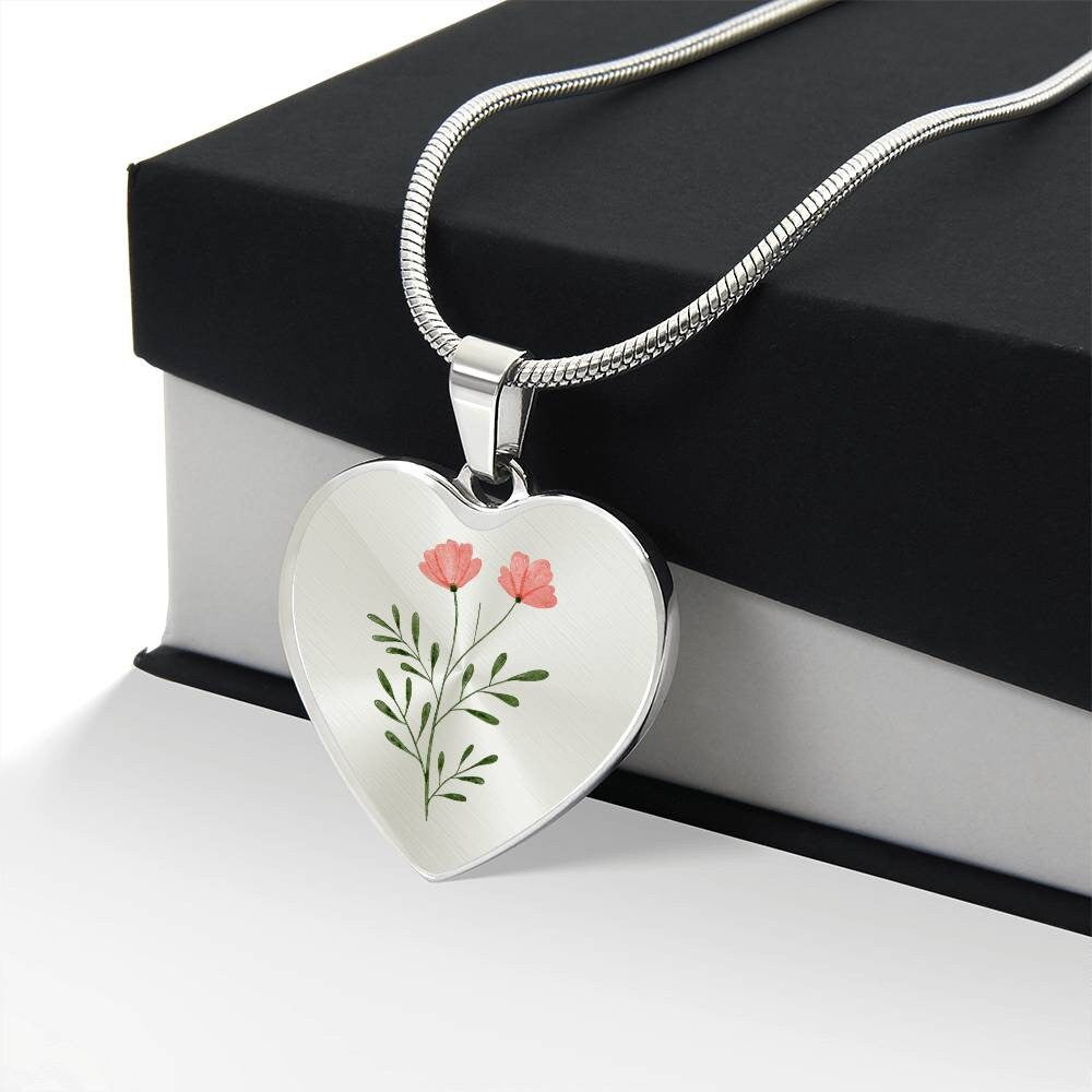 Graphic Heart Pendant + Necklace - Watercolor Flowering Plant