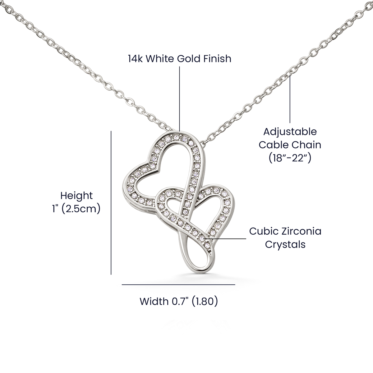 Picture the joy lighting up your loved one's face when they lay eyes on our stunning Heart-to-Heart Pendant Necklace! The intertwined hearts symbolize an unbreakable bond between two souls. Crafted with a touch of magic, this pendant boasts a 14K white gold finish and twinkles with delicate cubic zirconia crystals, adding just the right amount of sparkle. It's effortlessly elegant and elevates any outfit, making it the perfect gift for that special someone!