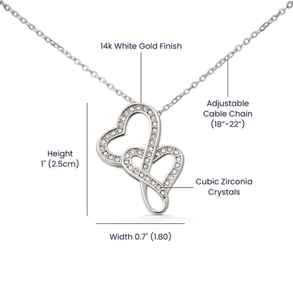 Picture the joy lighting up your loved one's face when they lay eyes on our stunning Heart-to-Heart Pendant Necklace! The intertwined hearts symbolize an unbreakable bond between two souls. Crafted with a touch of magic, this pendant boasts a 14K white gold finish and twinkles with delicate cubic zirconia crystals, adding just the right amount of sparkle. It's effortlessly elegant and elevates any outfit, making it the perfect gift for that special someone!