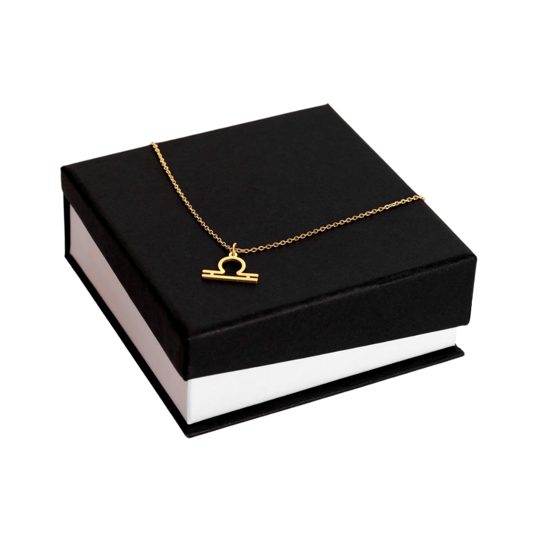 Libra Zodiac Name Necklace. Handcrafted with care, this piece is made from durable stainless steel and optionally dipped in 18k yellow gold and features her unique astrological sign.