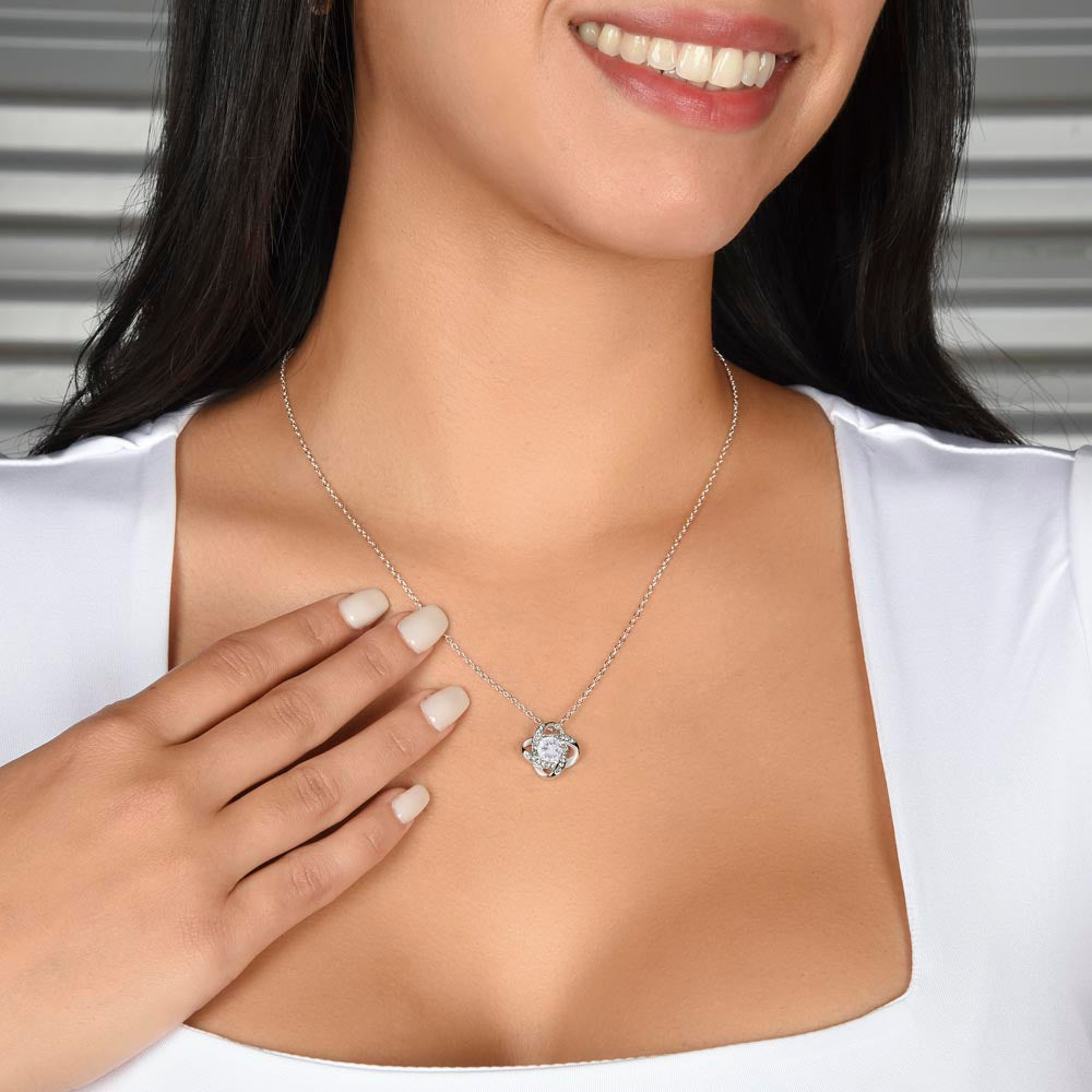 Imagine her reaction receiving this beautiful Love Knot Necklace. Representing an unbreakable bond between two souls, this piece features a beautiful pendant embellished with premium cubic zirconia crystals. Surprise your loved one with this gorgeous gift today!