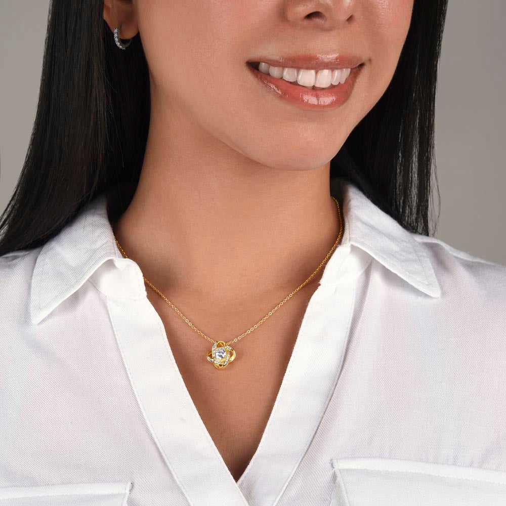 Imagine her reaction receiving this beautiful Love Knot Necklace. Representing an unbreakable bond between two souls, this piece features a beautiful pendant embellished with premium cubic zirconia crystals. Surprise your loved one with this gorgeous gift today!