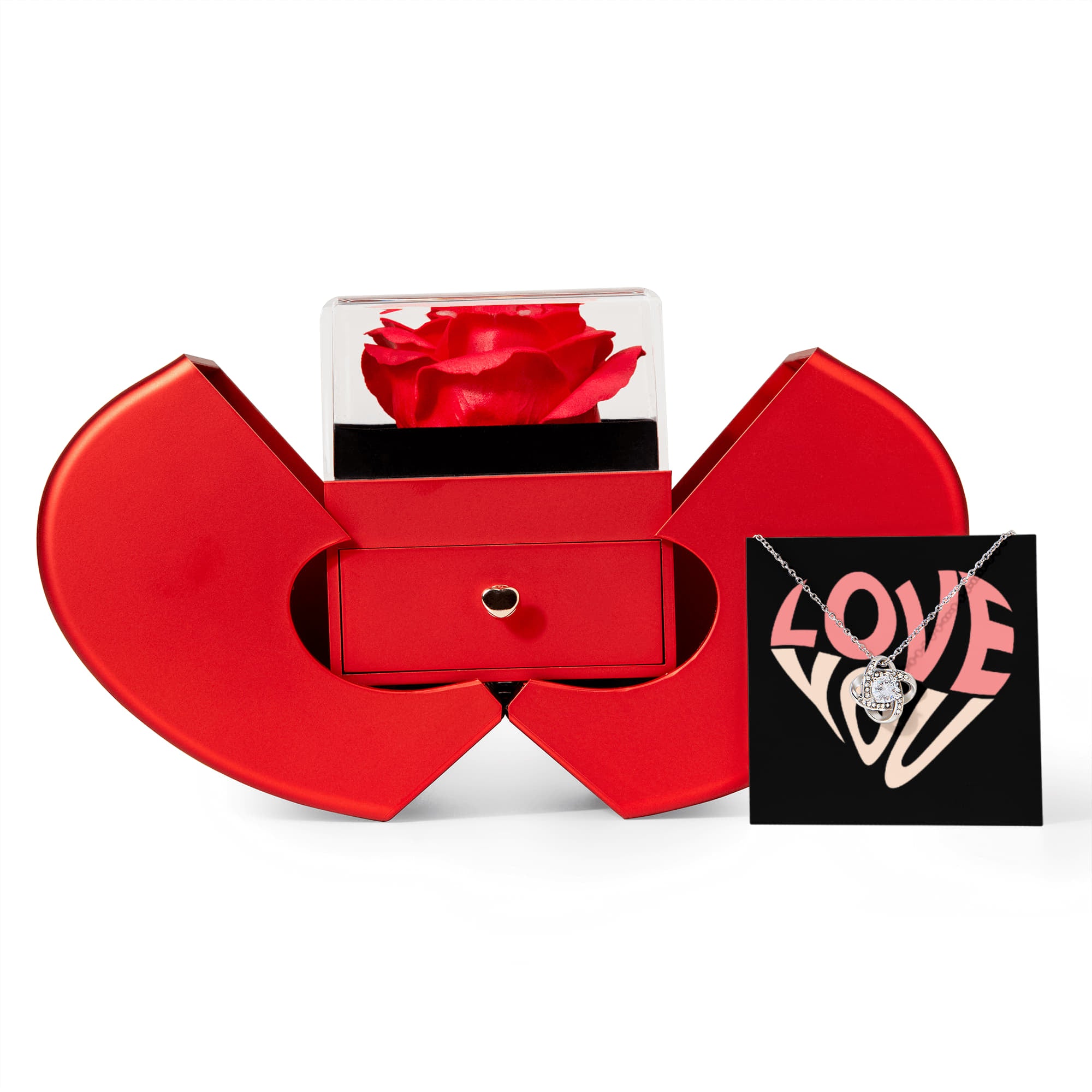 Create an unforgettable gifting experience, with our elegant Rose and Love knot Necklace Gift Set, complete with a festive greeting card. The everlasting Rose symbolizes eternal love, while the sparkling Love knot Necklace serves as the perfect token of your love. Ideal for birthdays, marriage proposals, Mother's Day, or any special occasion, this beautiful package is guaranteed to make your loved one feel truly cherished and appreciated.