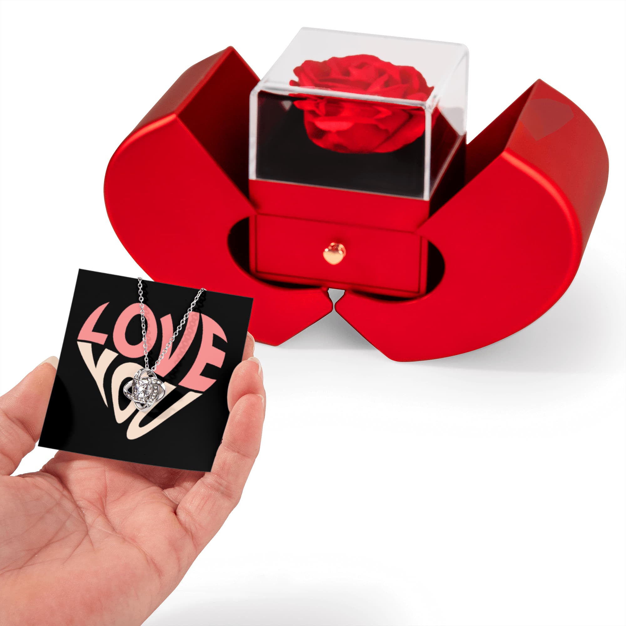 Create an unforgettable gifting experience, with our elegant Rose and Love knot Necklace Gift Set, complete with a festive greeting card. The everlasting Rose symbolizes eternal love, while the sparkling Love knot Necklace serves as the perfect token of your love. Ideal for birthdays, marriage proposals, Mother's Day, or any special occasion, this beautiful package is guaranteed to make your loved one feel truly cherished and appreciated.