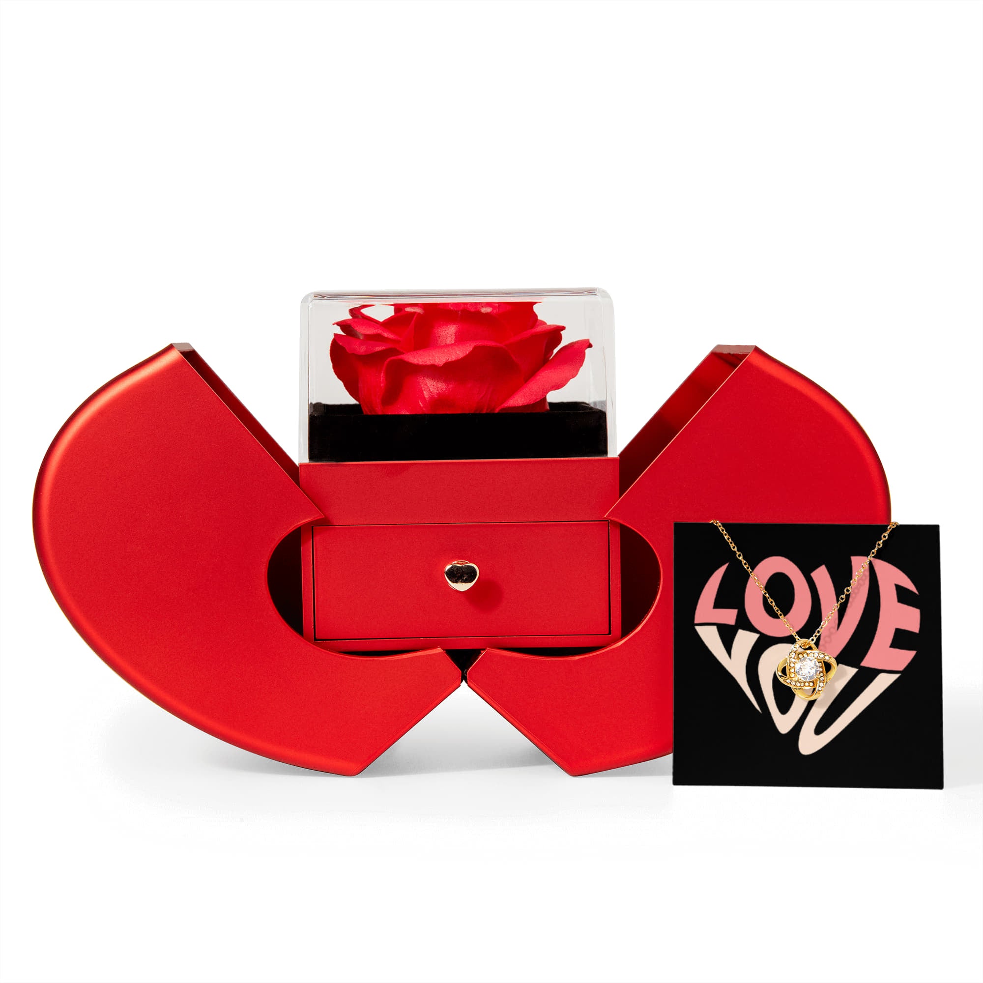 Create an unforgettable gifting experience, with our elegant Rose and Love knot Necklace Gift Set, complete with a festive greeting card. The everlasting Rose symbolizes eternal love, while the sparkling Love knot Necklace serves as the perfect token of your love. Ideal for birthdays, marriage proposals, Mother's Day, or any special occasion, this beautiful package is guaranteed to make your loved one feel truly cherished and appreciated.