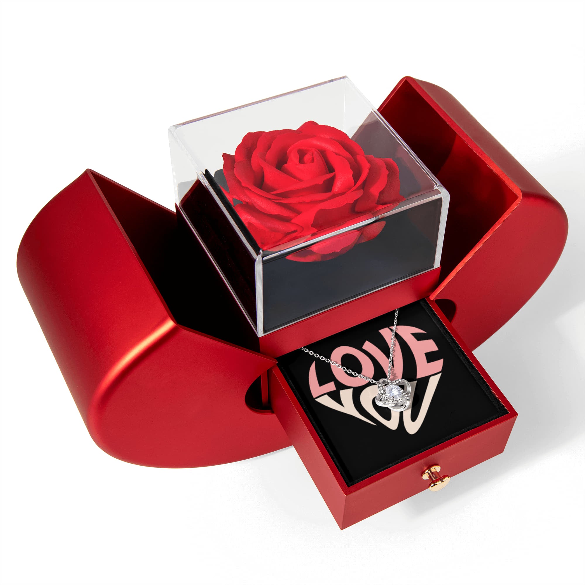 Create an unforgettable gifting experience, with our elegant Rose and Love knot Necklace Gift Set, complete with a festive greeting card. The everlasting Rose symbolizes eternal love, while the sparkling Love knot Necklace serves as the perfect token of your love. Ideal for birthdays, marriage proposals, Mother's Day, or any special occasion, this beautiful package is guaranteed to make your loved one feel truly cherished and appreciated.