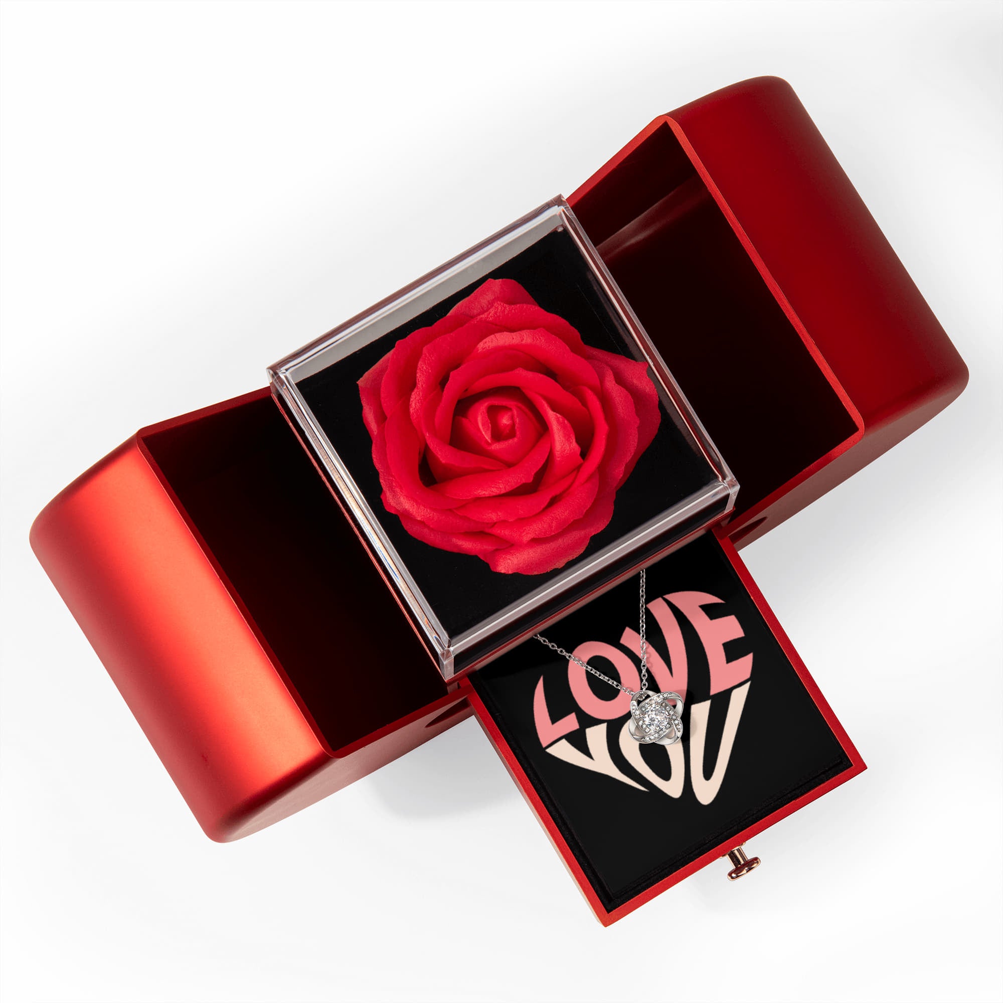 Create an unforgettable gifting experience, with our elegant Rose and Love knot Necklace Gift Set, complete with a festive greeting card. The everlasting Rose symbolizes eternal love, while the sparkling Love knot Necklace serves as the perfect token of your love. Ideal for birthdays, marriage proposals, Mother's Day, or any special occasion, this beautiful package is guaranteed to make your loved one feel truly cherished and appreciated.