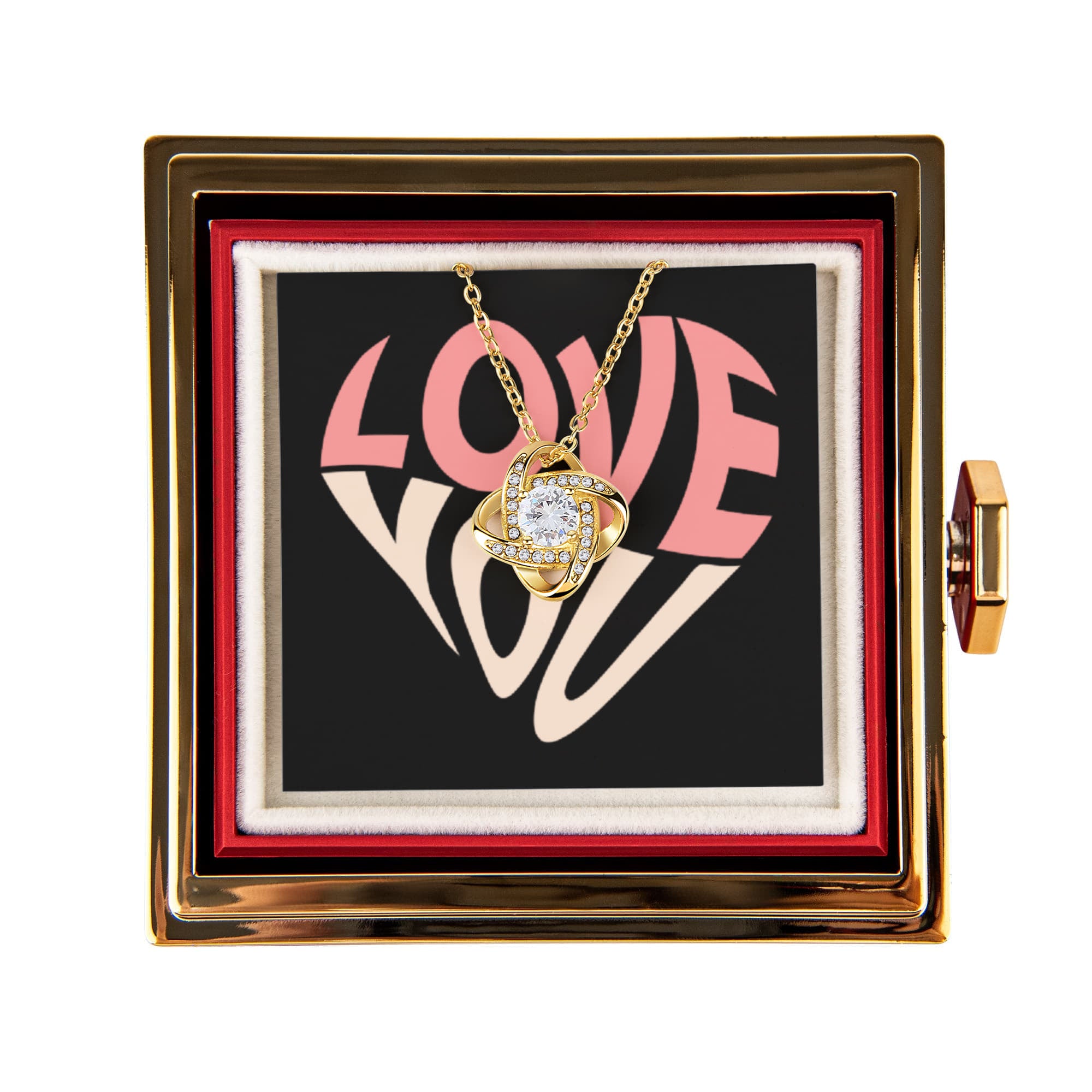 Imagine her reaction as she receives this beautiful Love Knot Necklace. Representing an unbreakable bond between two souls, this stunning pendant is adorned with premium cubic zirconia crystals, making it a timeless symbol of love and devotion. The luxurious box, featuring a meticulously preserved rose that never fades, adds an extra touch of love. With a simple turn of the gold knob, her breathtaking gift is revealed—making it the perfect sentimental gift for that special someone.