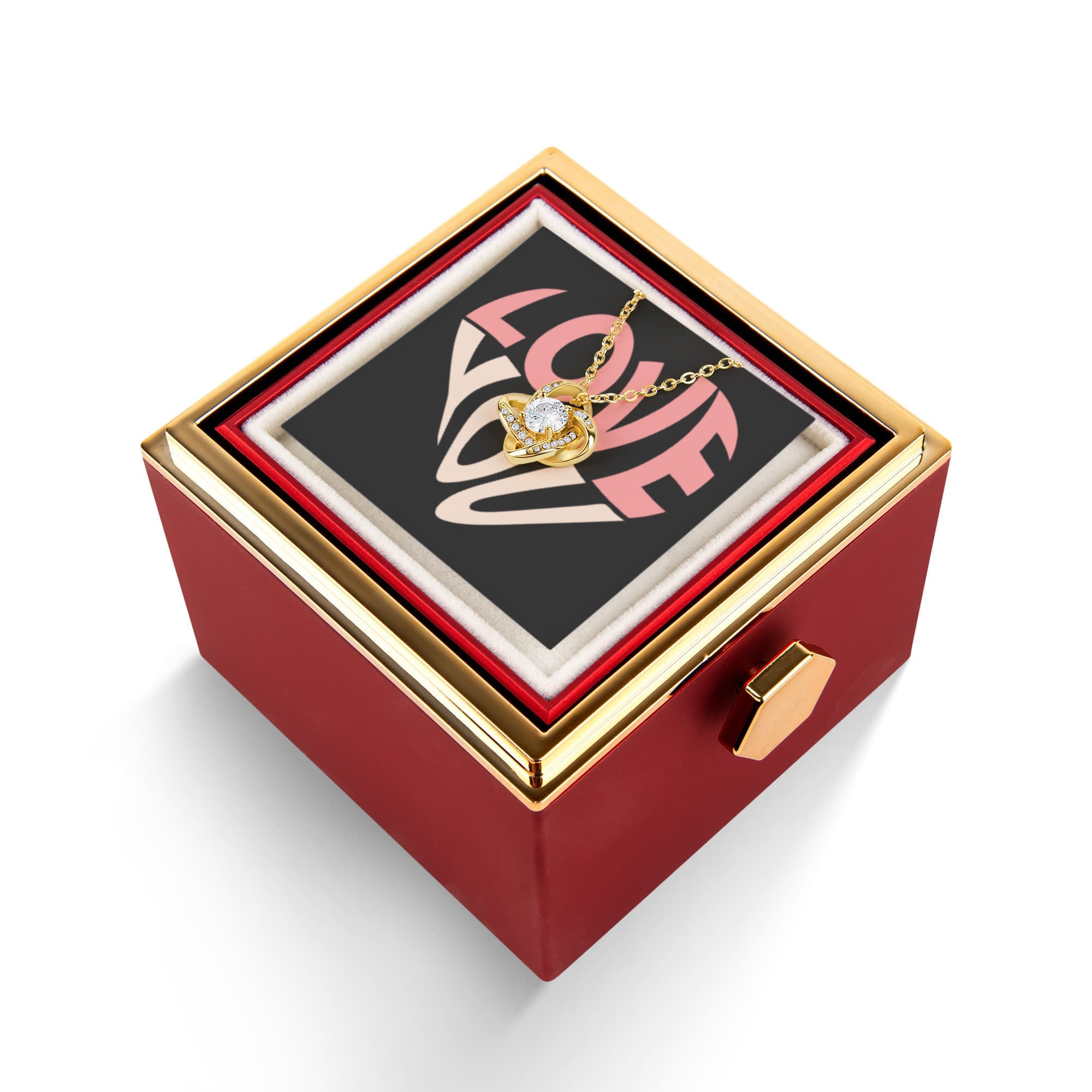 Imagine her reaction as she receives this beautiful Love Knot Necklace. Representing an unbreakable bond between two souls, this stunning pendant is adorned with premium cubic zirconia crystals, making it a timeless symbol of love and devotion. The luxurious box, featuring a meticulously preserved rose that never fades, adds an extra touch of love. With a simple turn of the gold knob, her breathtaking gift is revealed—making it the perfect sentimental gift for that special someone.