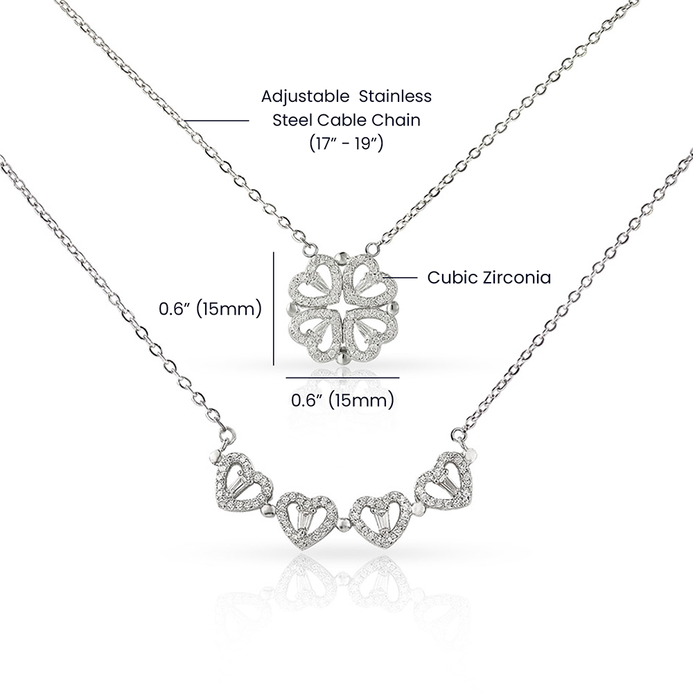 The Magnetic Hearts Necklace features four crystal-embellished hearts that come together to form a beautiful lucky clover. The hidden magnetic design allows each heart to connect seamlessly—symbolizing connection, unity, and the moments that bring us together.