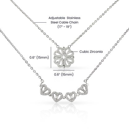 The Magnetic Hearts Necklace features four crystal-embellished hearts that come together to form a beautiful lucky clover. The hidden magnetic design allows each heart to connect seamlessly—symbolizing connection, unity, and the moments that bring us together.