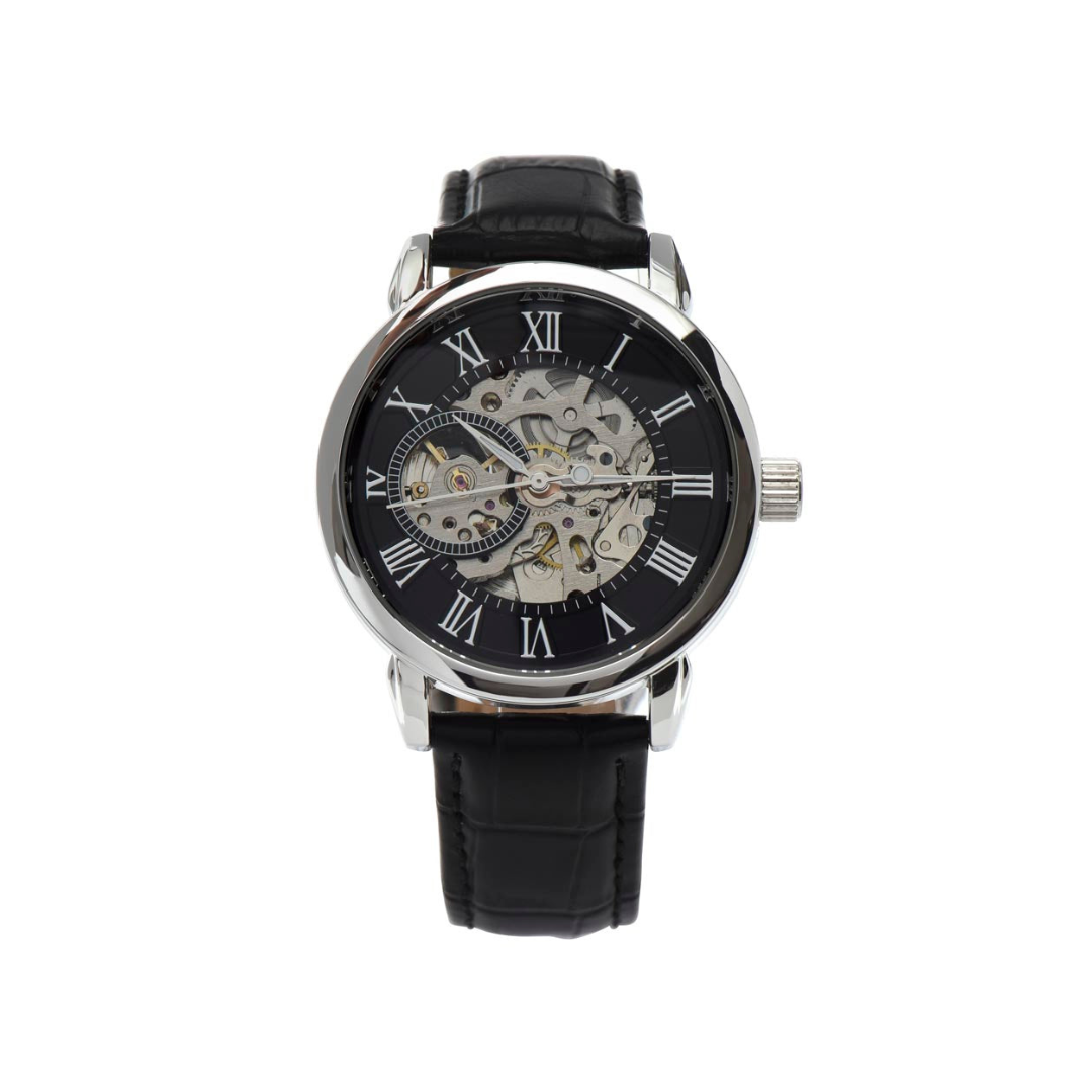 Men Black Leather Watch, Openwork Watch, 3 ATM Water Resistant, Skeleton dial Watch, Gift for him, Fathers day gift, Luxury timepiece