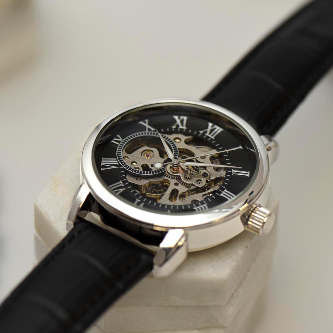 Men Black Leather Watch, Openwork Watch, 3 ATM Water Resistant, Skeleton dial Watch, Gift for him, Fathers day gift, Luxury timepiece