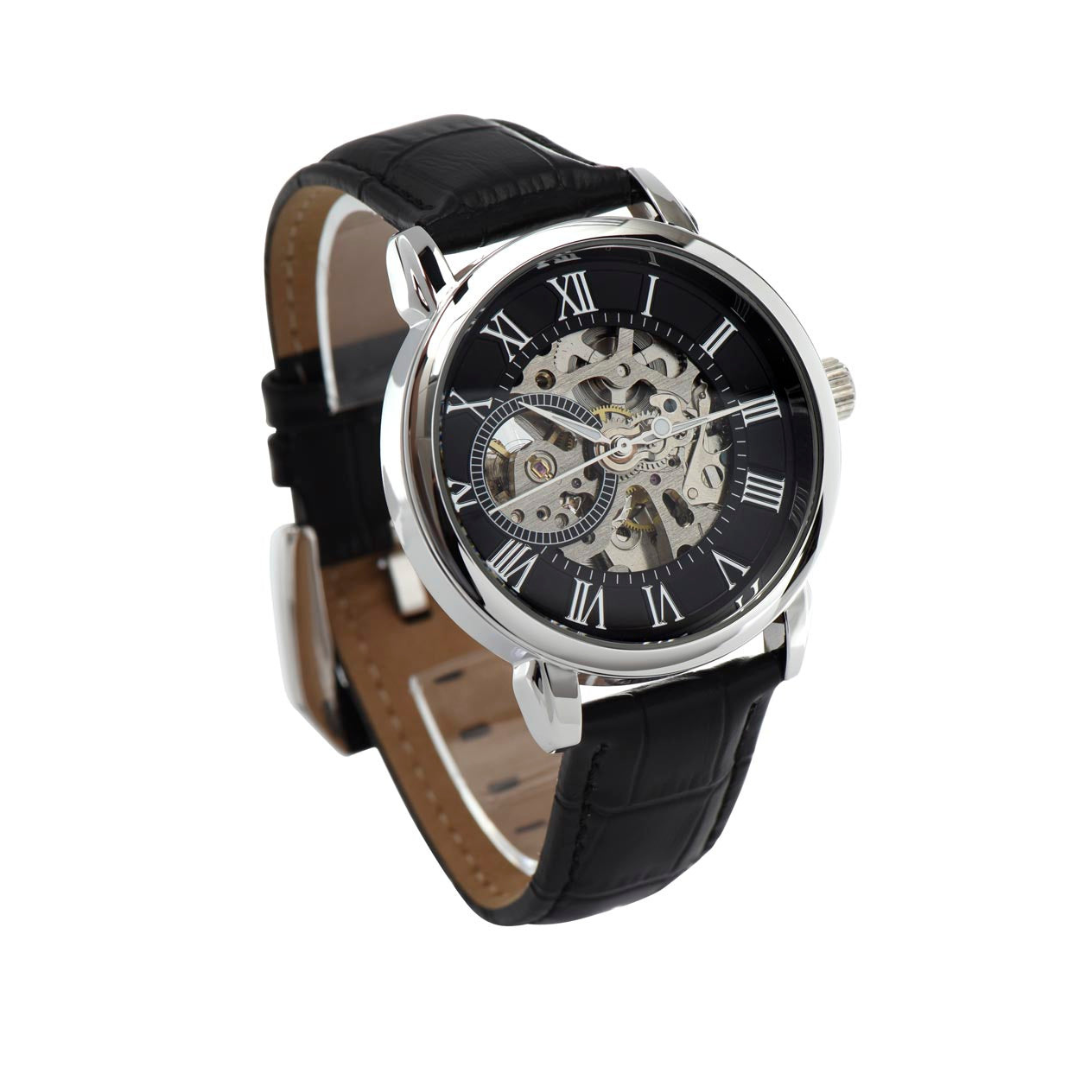 Men Black Leather Watch, Openwork Watch, 3 ATM Water Resistant, Skeleton dial Watch, Gift for him, Fathers day gift, Luxury timepiece