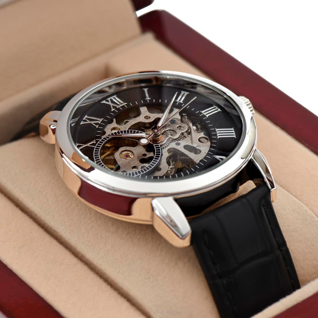 Men Black Leather Watch, Openwork Watch, 3 ATM Water Resistant, Skeleton dial Watch, Gift for him, Fathers day gift, Luxury timepiece
