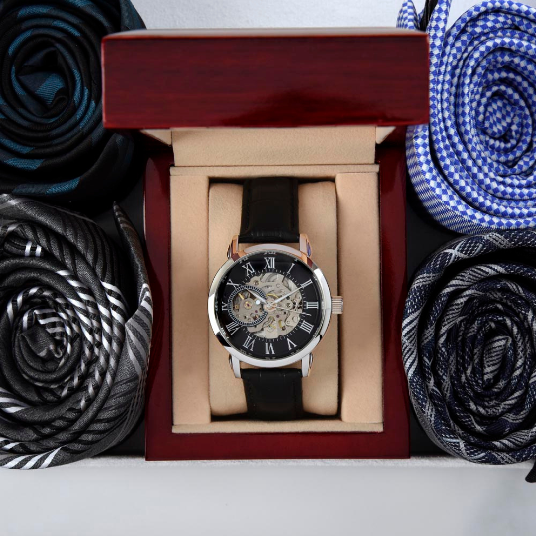 Men Black Leather Watch, Openwork Watch, 3 ATM Water Resistant, Skeleton dial Watch, Gift for him, Fathers day gift, Luxury timepiece
