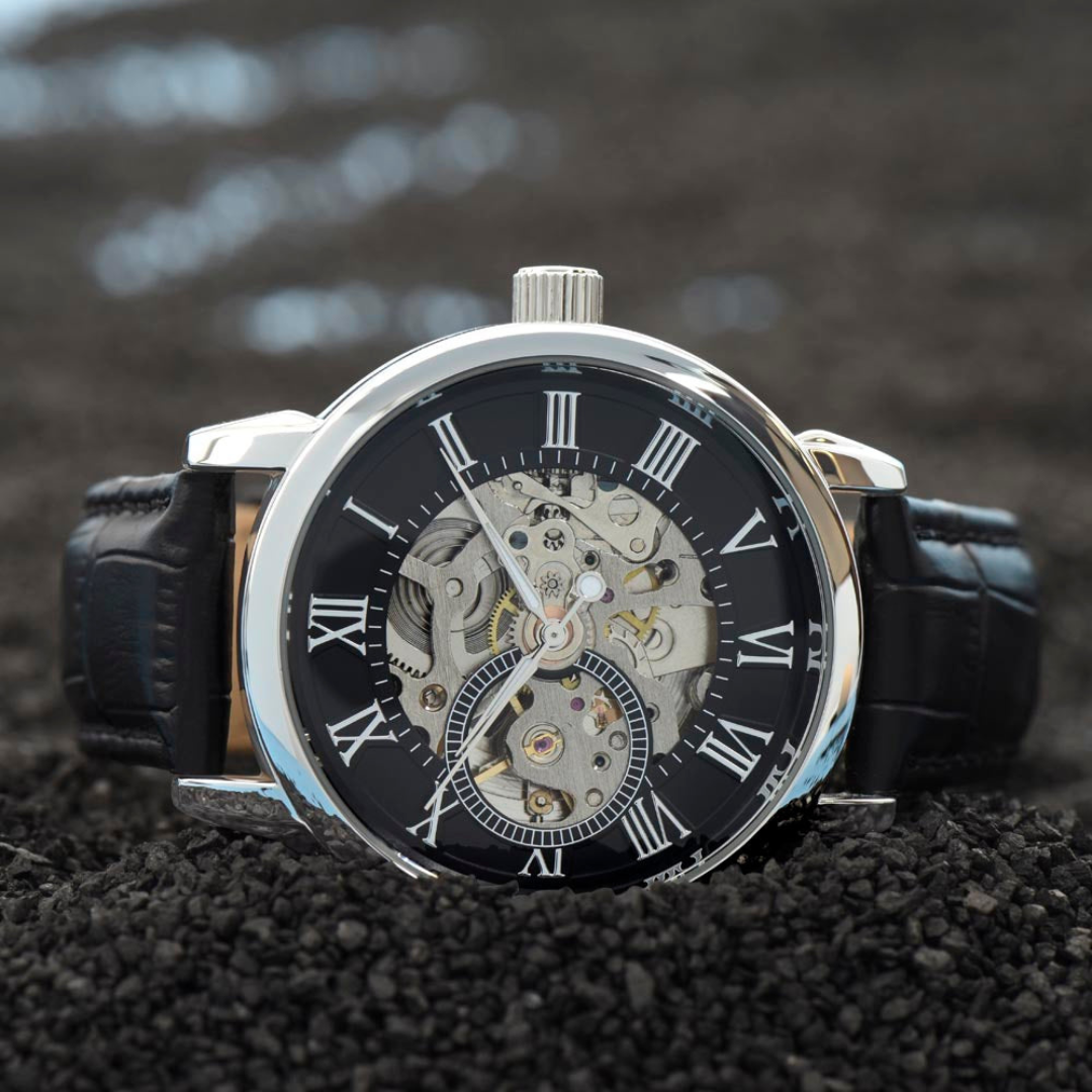 Men Black Leather Watch, Openwork Watch, 3 ATM Water Resistant, Skeleton dial Watch, Gift for him, Fathers day gift, Luxury timepiece