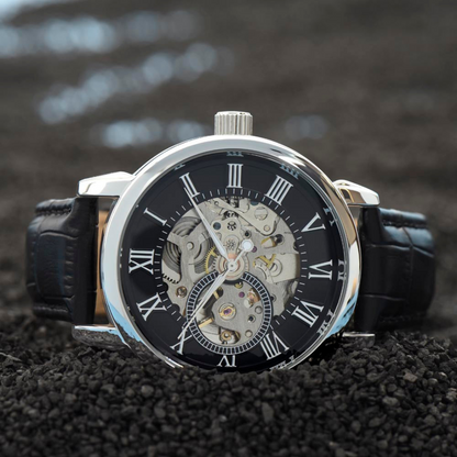 Men Black Leather Watch, Openwork Watch, 3 ATM Water Resistant, Skeleton dial Watch, Gift for him, Fathers day gift, Luxury timepiece