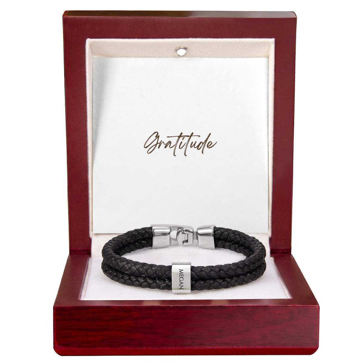 Whether it's for a milestone anniversary, a first Father’s Day, or just because—this bracelet says everything you feel, beautifully.
The Mens Personalized Name Bracelet is a sophisticated tribute to the bonds that matter most. At its center, custom-engraved beads sit nestled against a rugged, double-strand braided band.