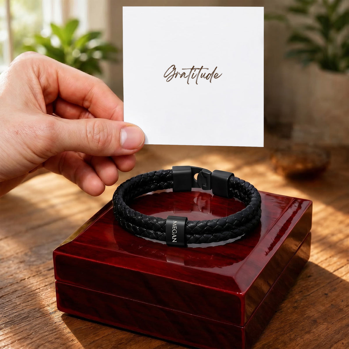Whether it's for a milestone anniversary, a first Father’s Day, or just because—this bracelet says everything you feel, beautifully.
The Mens Personalized Name Bracelet is a sophisticated tribute to the bonds that matter most. At its center, custom-engraved beads sit nestled against a rugged, double-strand braided band.