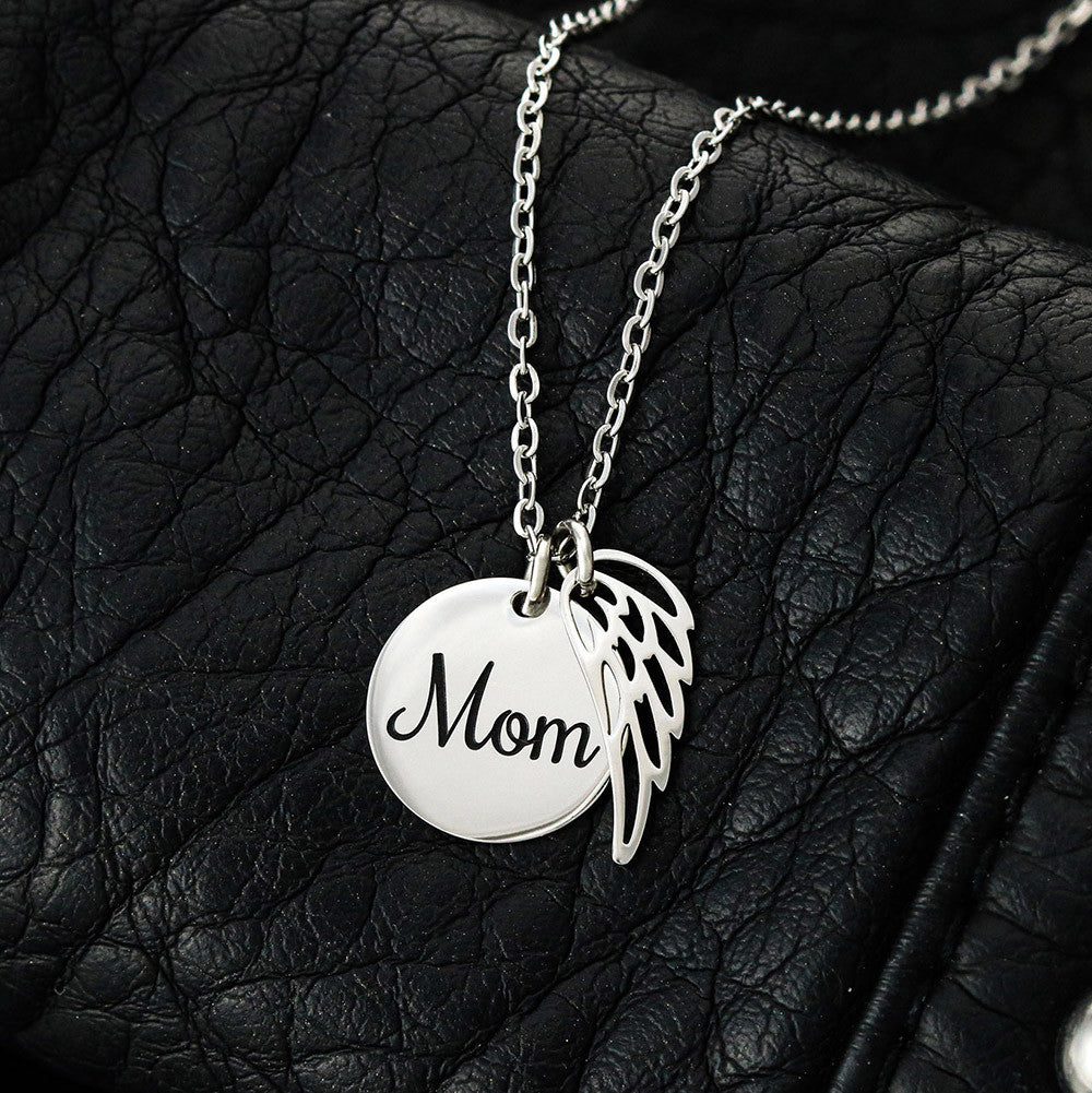 Mom Memorial Coin Necklace with Angel Wing Charm