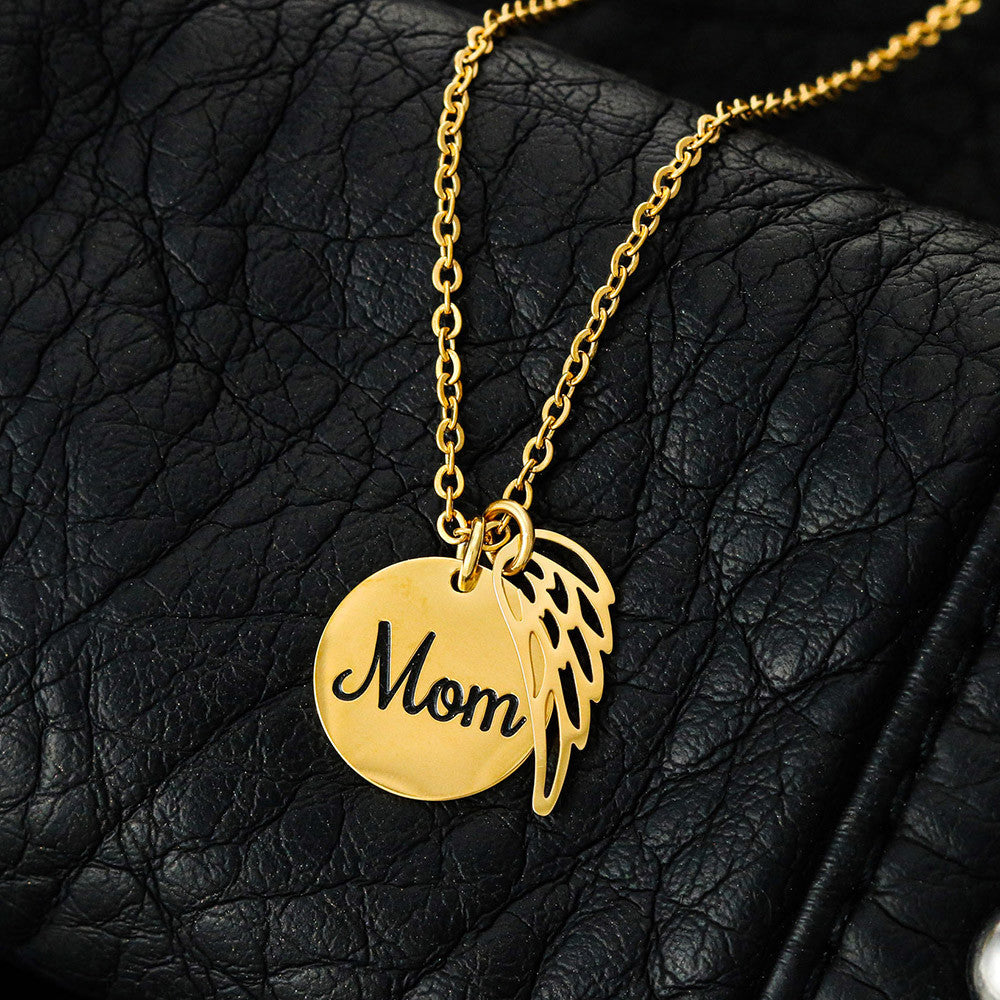 Mom Memorial Coin Necklace with Angel Wing Charm