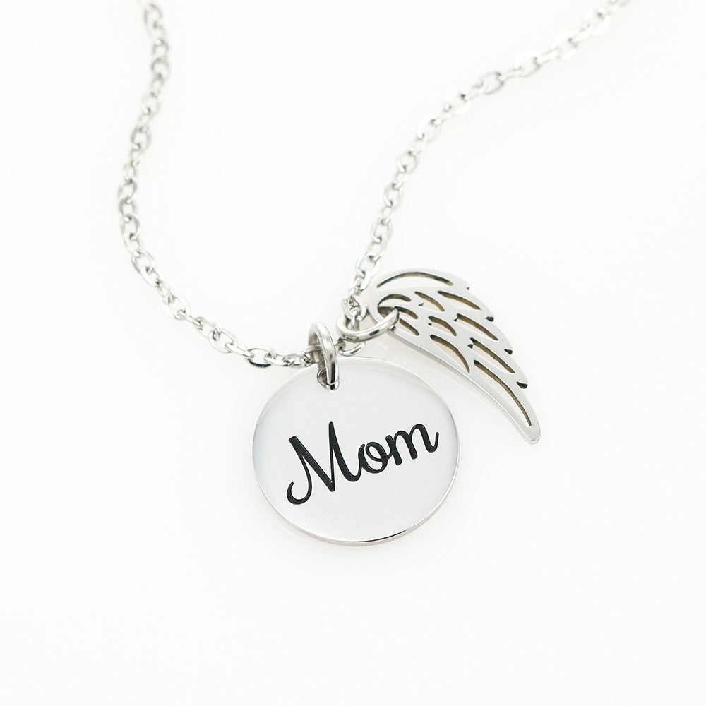 Mom Memorial Coin Necklace with Angel Wing Charm