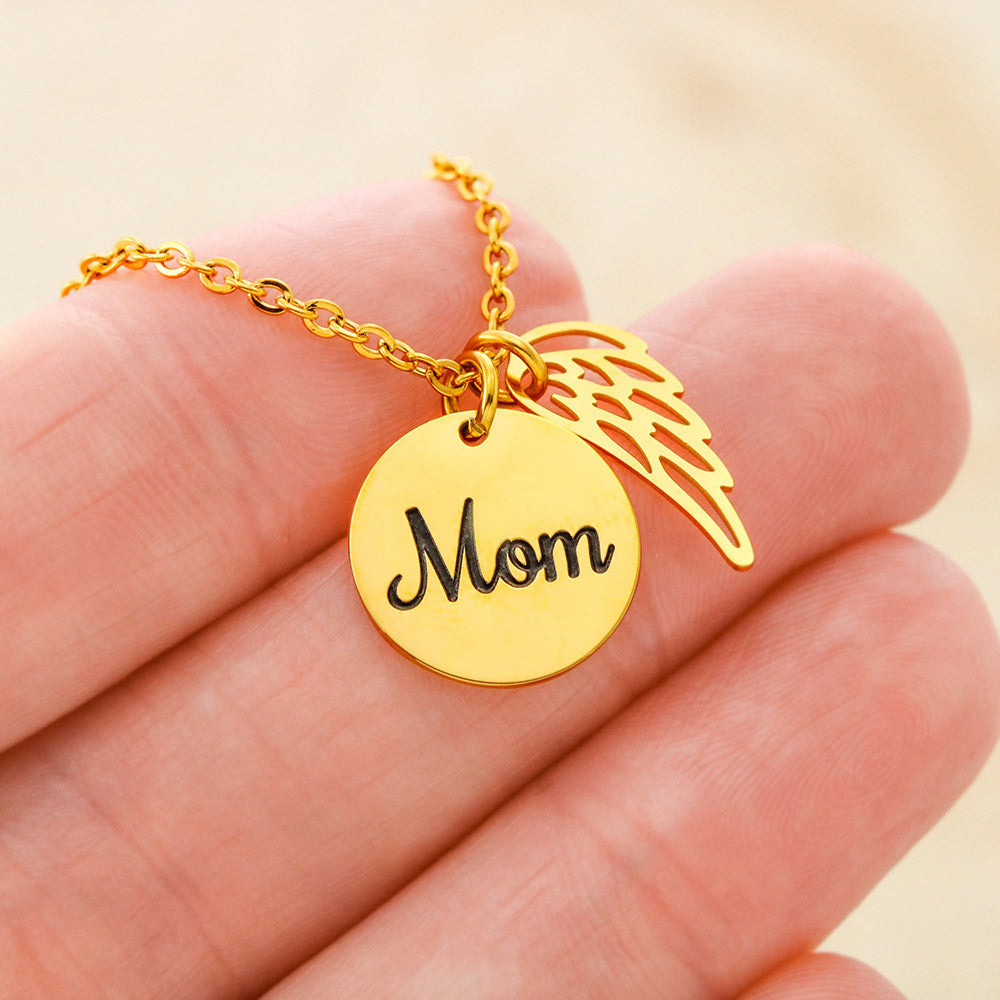 Mom Memorial Coin Necklace with Angel Wing Charm