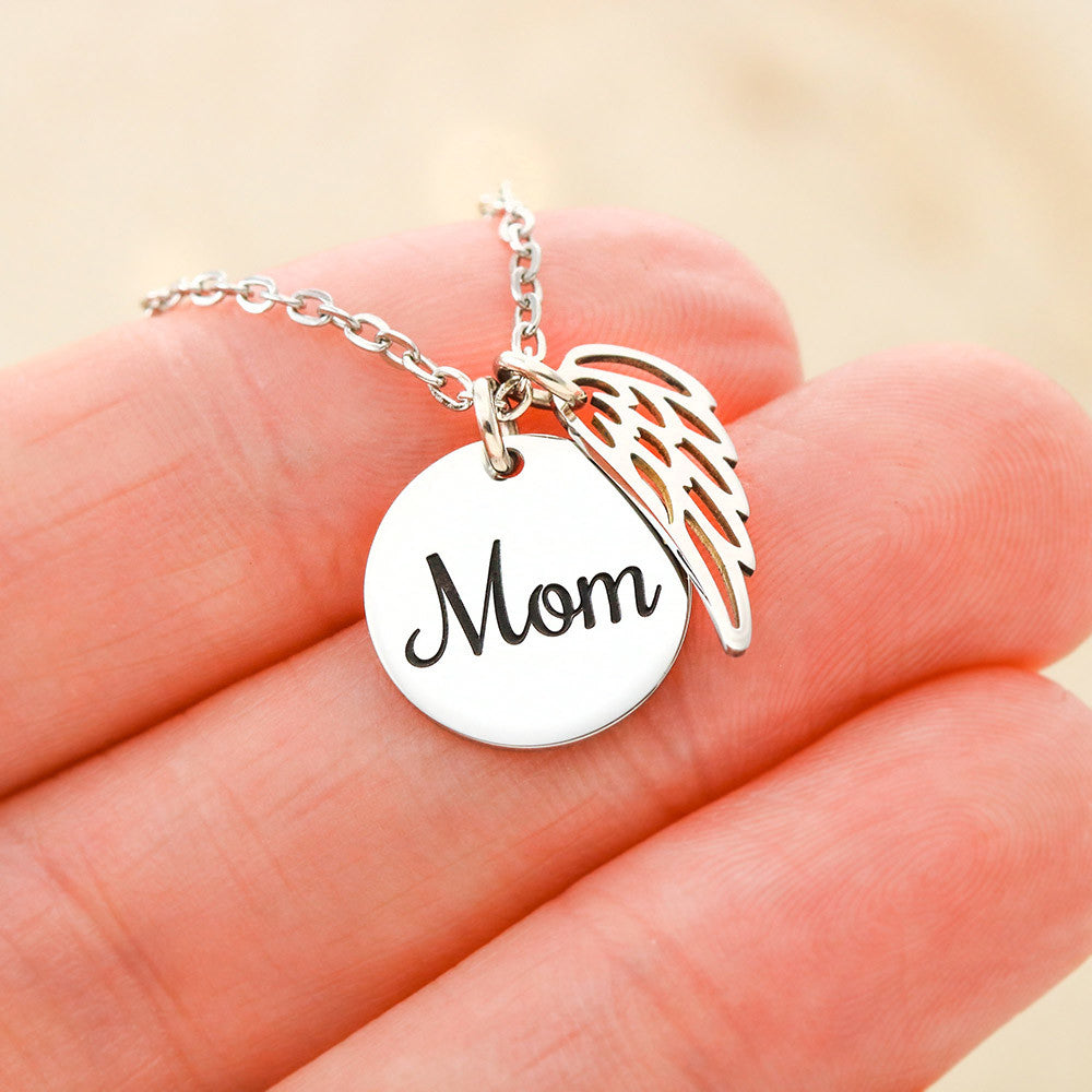 Mom Memorial Coin Necklace with Angel Wing Charm