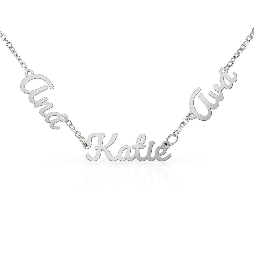 Personalized jewelry that tells a story. Choose up to three names to feature on a delicate adjustable cable chain, crafted in a polished script charm. Available in cool polished stainless steel or warm 18K yellow gold finish — built to last and designed to layer.