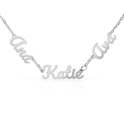 Personalized jewelry that tells a story. Choose up to three names to feature on a delicate adjustable cable chain, crafted in a polished script charm. Available in cool polished stainless steel or warm 18K yellow gold finish — built to last and designed to layer.