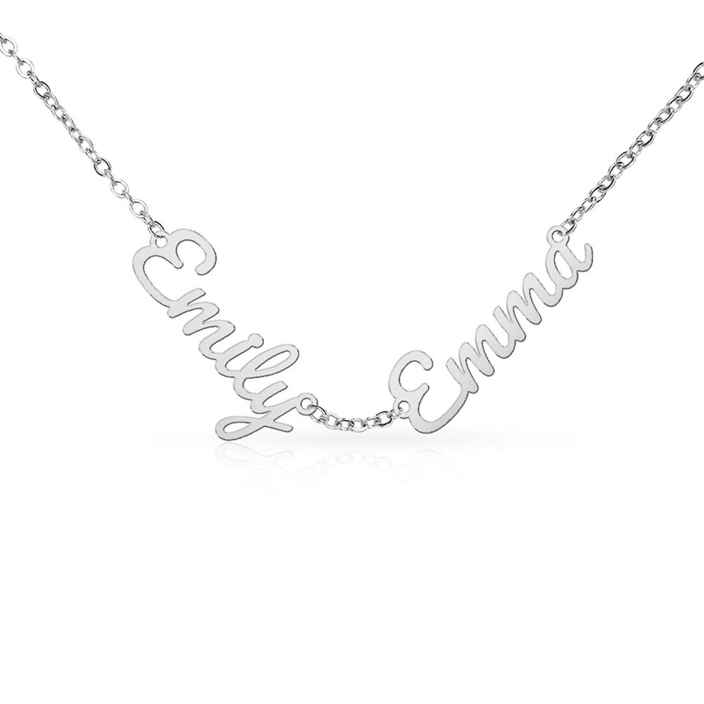 Personalized jewelry that tells a story. Choose up to three names to feature on a delicate adjustable cable chain, crafted in a polished script charm. Available in cool polished stainless steel or warm 18K yellow gold finish — built to last and designed to layer.