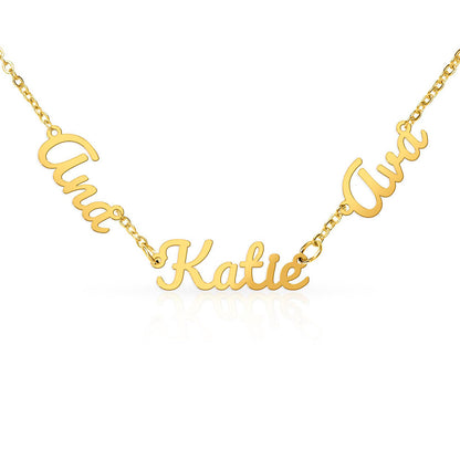 Personalized jewelry that tells a story. Choose up to three names to feature on a delicate adjustable cable chain, crafted in a polished script charm. Available in cool polished stainless steel or warm 18K yellow gold finish — built to last and designed to layer.