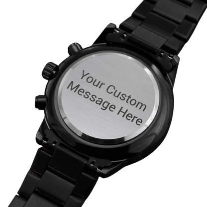 A personalized gift that can withstand constant use, this Customizable Engraved Black Chronograph Watch is the perfect gift for all the special men in your life. A thoughtful groomsmen gift, an anniversary memento, or a long-lasting keepsake for Father’s Day - it's a versatile piece sure to warm hearts and create smiles.