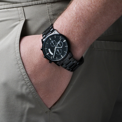 A personalized gift that can withstand constant use, this Customizable Engraved Black Chronograph Watch is the perfect gift for all the special men in your life. A thoughtful groomsmen gift, an anniversary memento, or a long-lasting keepsake for Father’s Day - it's a versatile piece sure to warm hearts and create smiles.