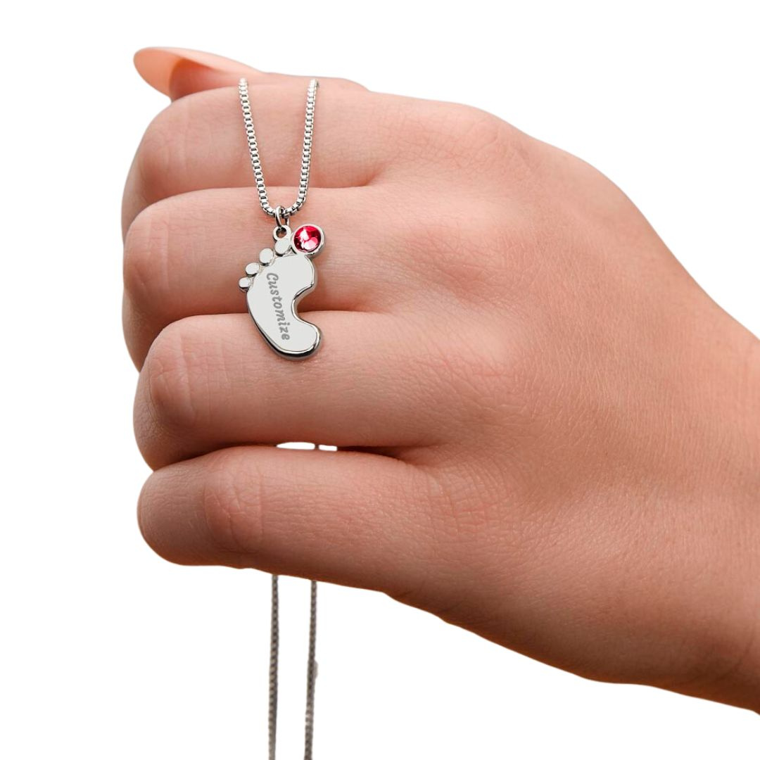 Personalized Baby Feet Necklace With Birthstone, Engraved Handmade Jewelry, Custom Name Pendant, Keepsake Necklace for mothers, Gift for her