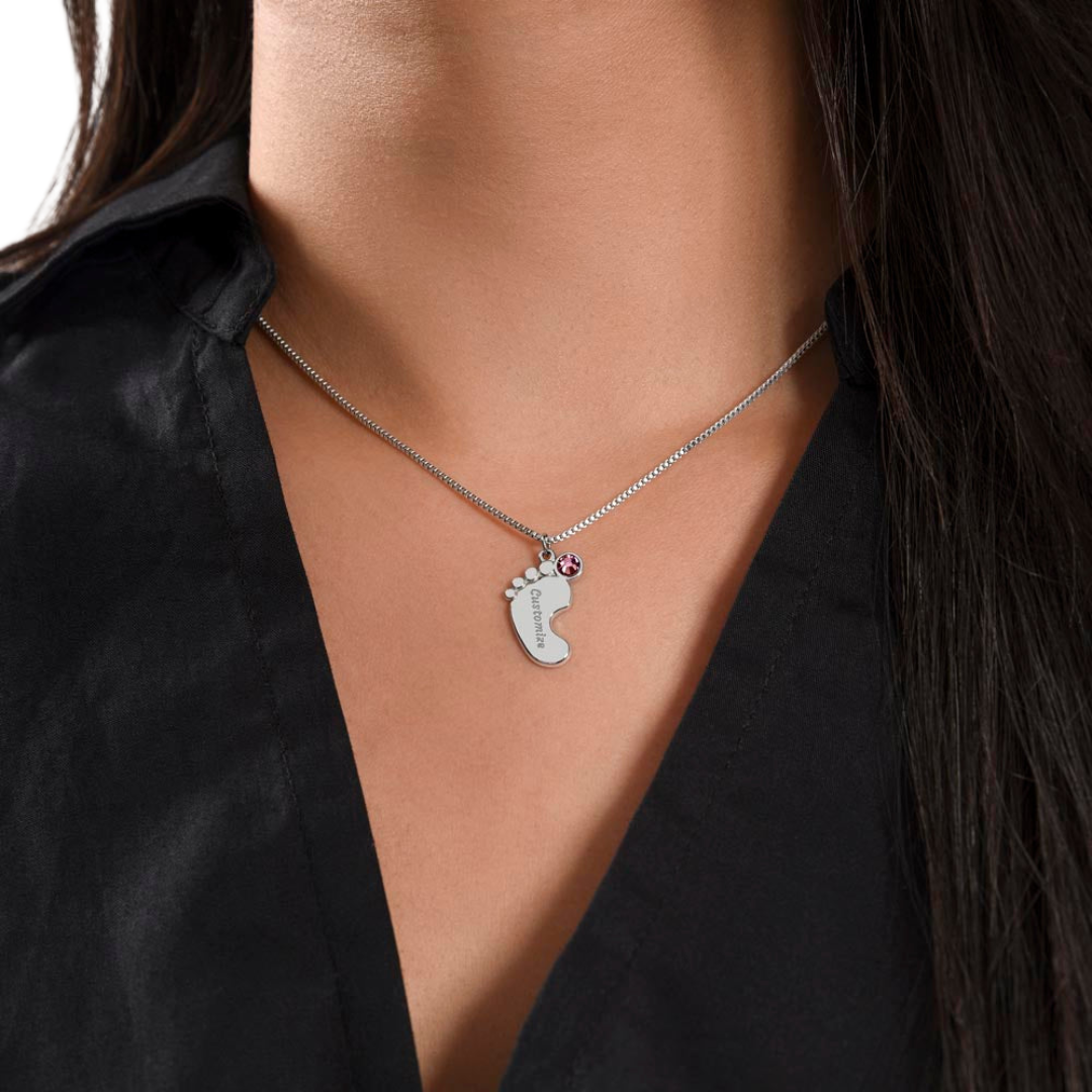 Personalized Baby Feet Necklace With Birthstone, Engraved Handmade Jewelry, Custom Name Pendant, Keepsake Necklace for mothers, Gift for her