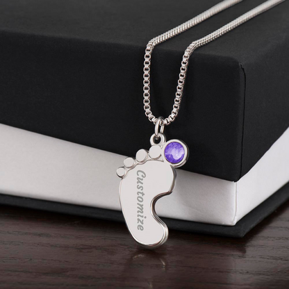 Personalized Baby Feet Necklace With Birthstone, Engraved Handmade Jewelry, Custom Name Pendant, Keepsake Necklace for mothers, Gift for her