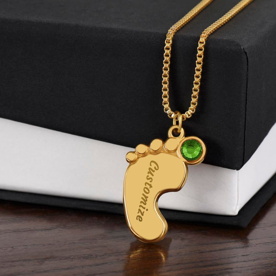 Personalized Baby Feet Necklace With Birthstone, Engraved Handmade Jewelry, Custom Name Pendant, Keepsake Necklace for mothers, Gift for her