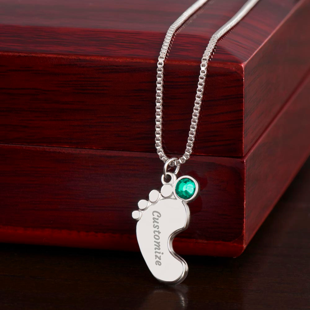 Personalized Baby Feet Necklace With Birthstone, Engraved Handmade Jewelry, Custom Name Pendant, Keepsake Necklace for mothers, Gift for her