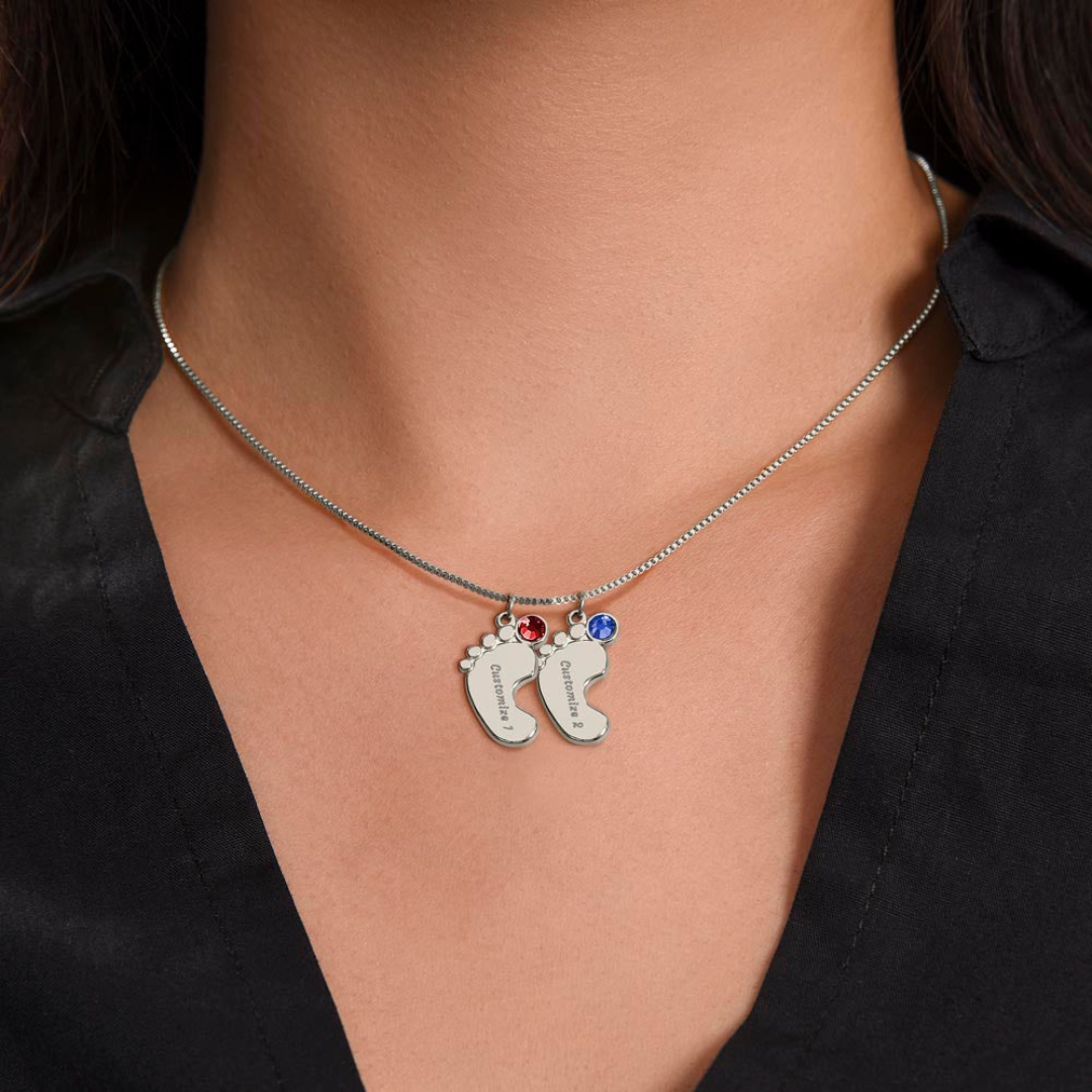 Personalized Baby Feet Necklace With Birthstone, Engraved Handmade Jewelry, Custom Name Pendant, Keepsake Necklace for mothers, Gift for her