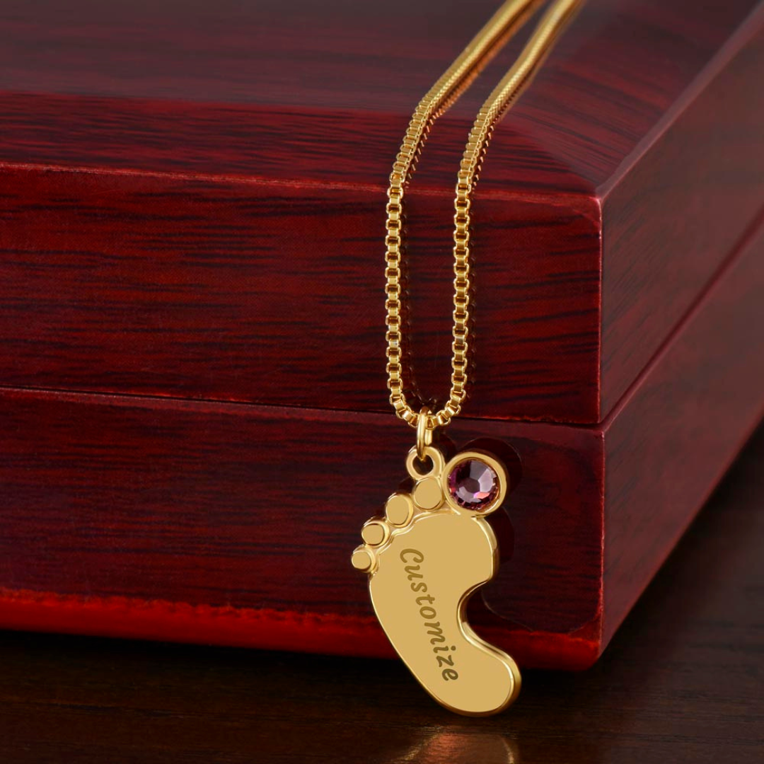 Personalized Baby Feet Necklace With Birthstone, Engraved Handmade Jewelry, Custom Name Pendant, Keepsake Necklace for mothers, Gift for her