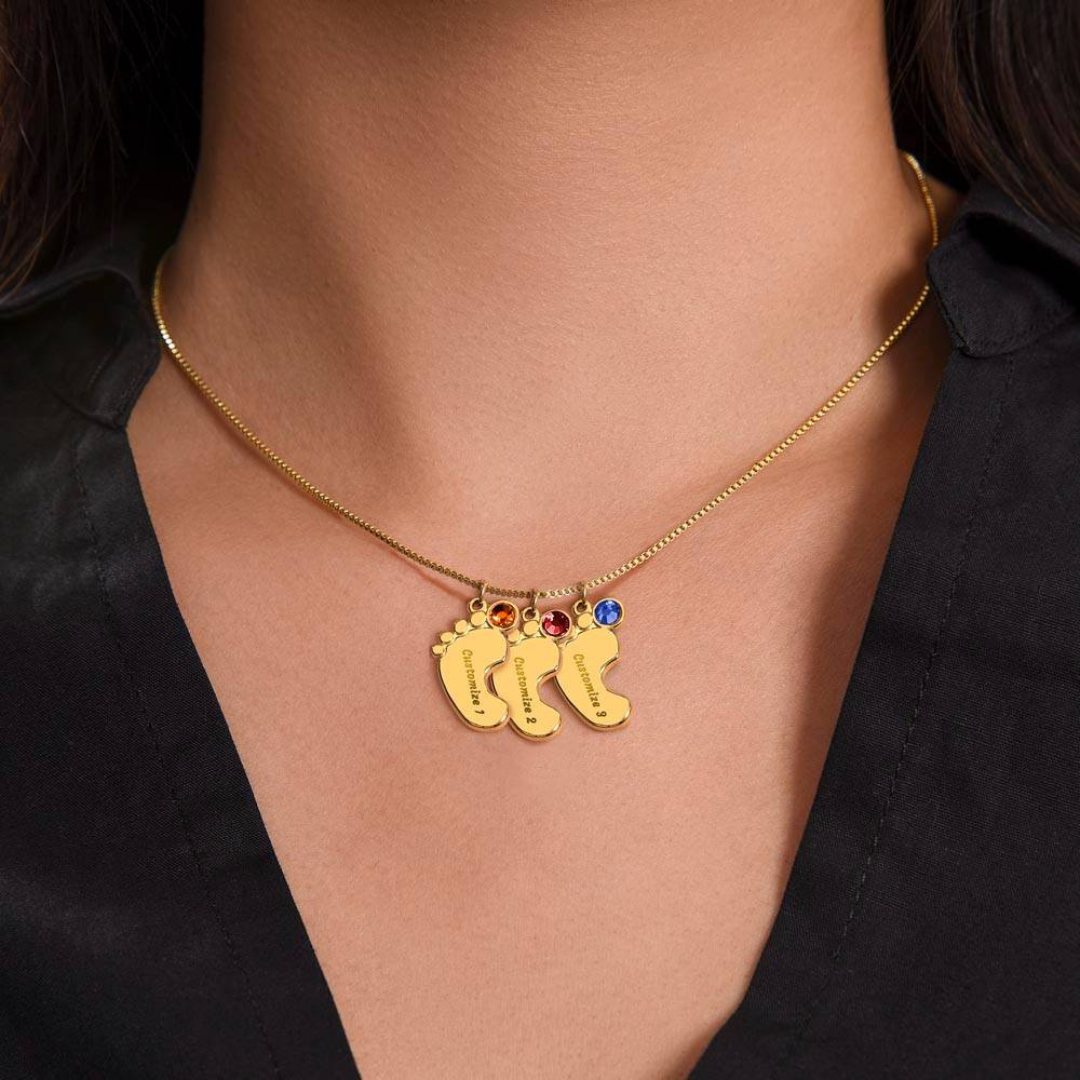 Personalized Baby Feet Necklace With Birthstone, Engraved Handmade Jewelry, Custom Name Pendant, Keepsake Necklace for mothers, Gift for her