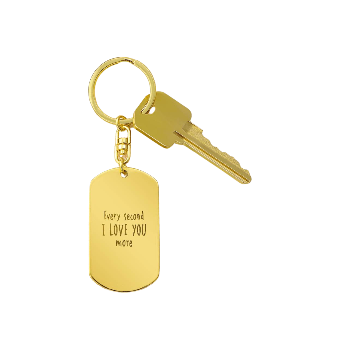 Create a unique keepsake with our Engraved Dog Tag Keychain. This high-quality stainless steel piece can be customized on the back in a scripted font, with 2 lines of text, up to 20 characters each.
