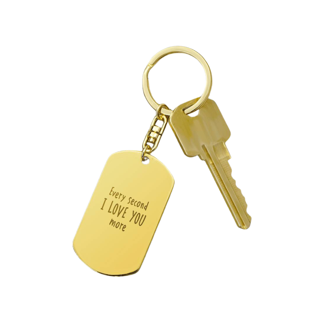 Create a unique keepsake with our Engraved Dog Tag Keychain. This high-quality stainless steel piece can be customized on the back in a scripted font, with 2 lines of text, up to 20 characters each.